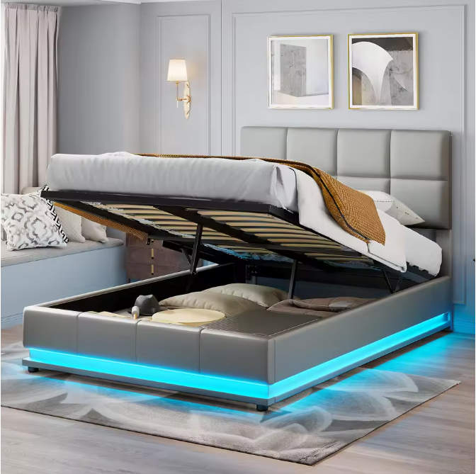 Hydraulisch tweepersoons opbergbed van kunstleer met hoofdeinde