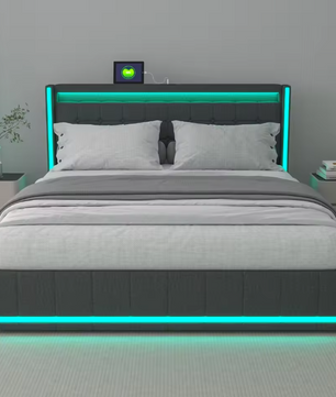 Modern tweepersoonsbed met LED, USB en lades – Linnen bedframe