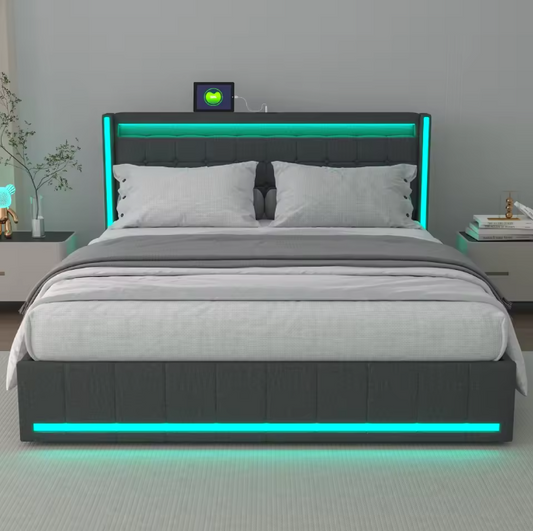 Modern tweepersoonsbed met LED, USB en lades – Linnen bedframe