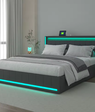 Modern tweepersoonsbed met LED, USB en lades – Linnen bedframe