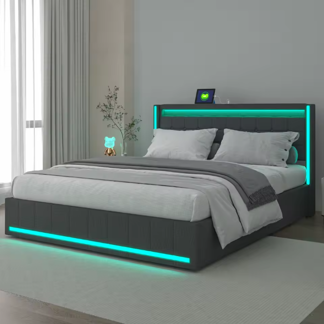 Modern tweepersoonsbed met LED, USB en lades – Linnen bedframe