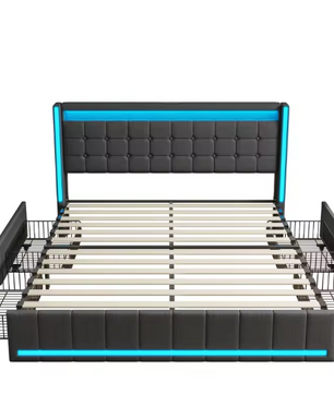 Modern tweepersoonsbed met LED, USB en lades – Linnen bedframe