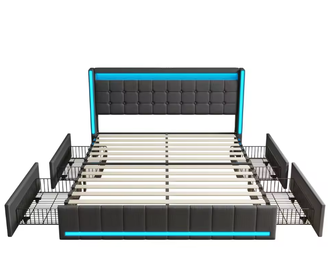Modern tweepersoonsbed met LED, USB en lades – Linnen bedframe