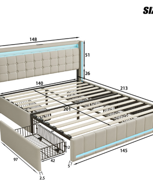 Modern tweepersoonsbed met LED, USB en lades – Linnen bedframe
