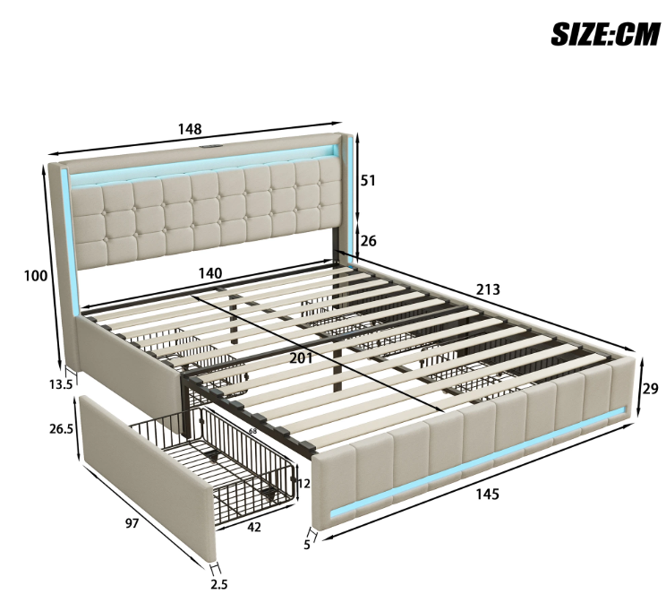 Modern tweepersoonsbed met LED, USB en lades – Linnen bedframe