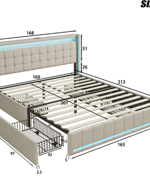 Modern tweepersoonsbed met LED, USB en lades – Linnen bedframe