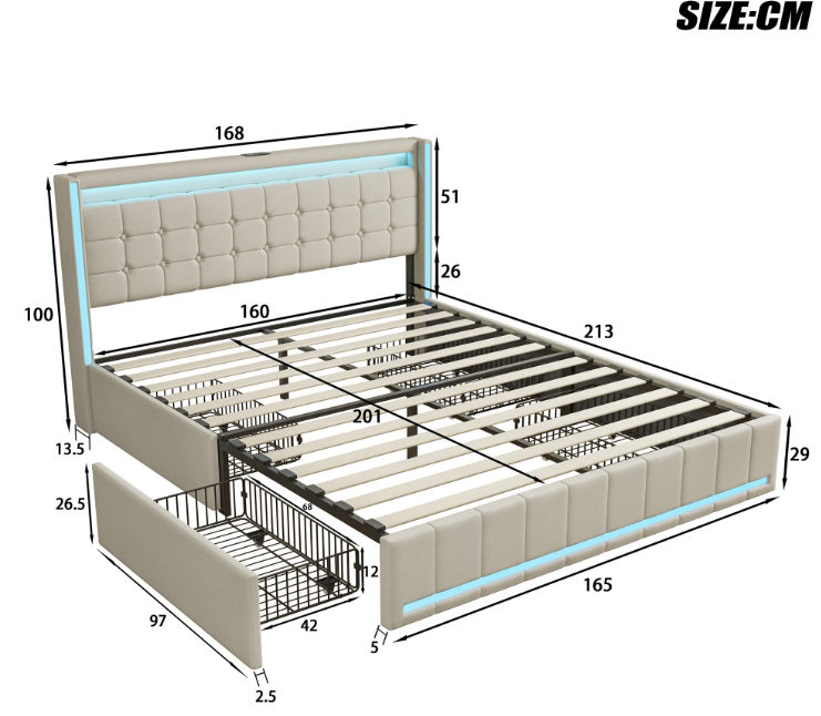 Modern tweepersoonsbed met LED, USB en lades – Linnen bedframe
