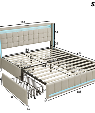Modern tweepersoonsbed met LED, USB en lades – Linnen bedframe