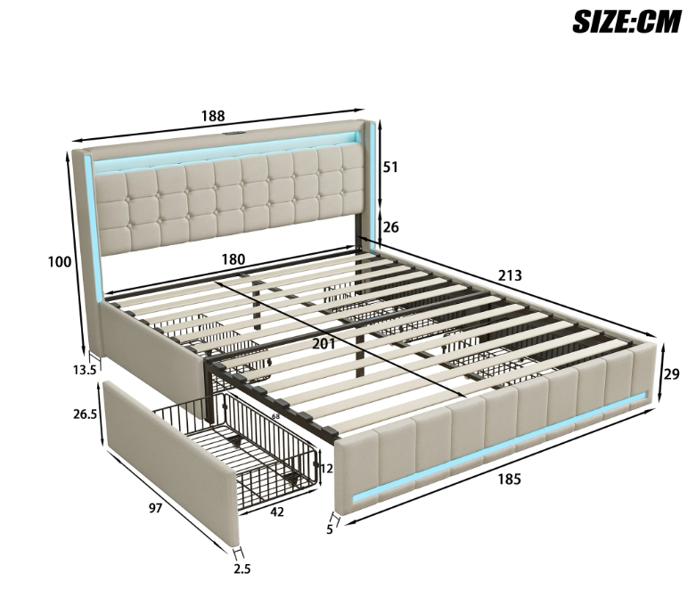 Modern tweepersoonsbed met LED, USB en lades – Linnen bedframe