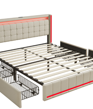 Modern tweepersoonsbed met LED, USB en lades – Linnen bedframe