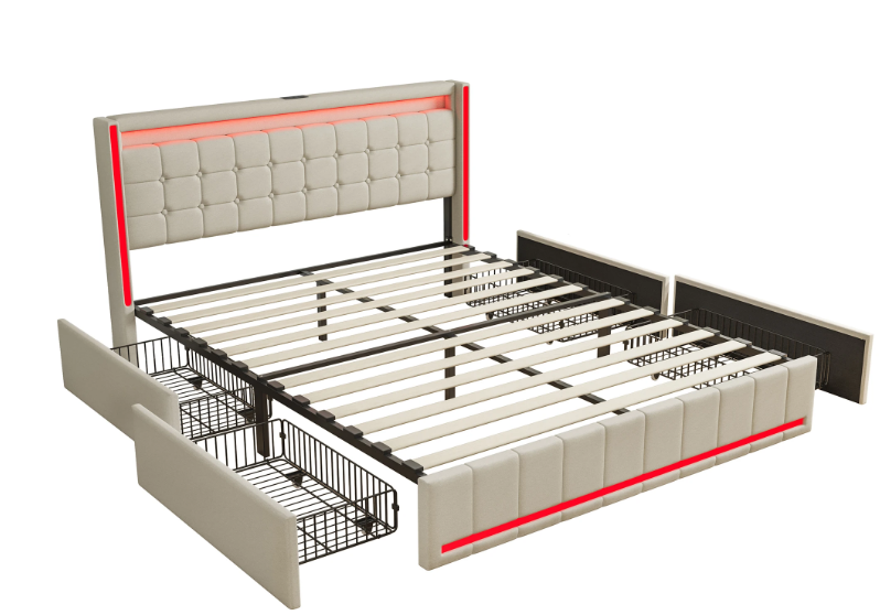 Modern tweepersoonsbed met LED, USB en lades – Linnen bedframe
