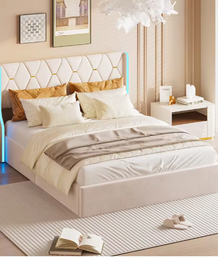 Gestoffeerd hydraulisch tweepersoonsbed met LED-hoofdeinde en opbergruimte