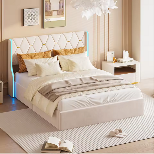 Gestoffeerd hydraulisch tweepersoonsbed met LED-hoofdeinde en opbergruimte