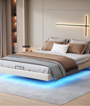 Tweepersoonsbed 160x200cm Gestoffeerd Bed met LED en Opbergruimte – Zwart Beige PU