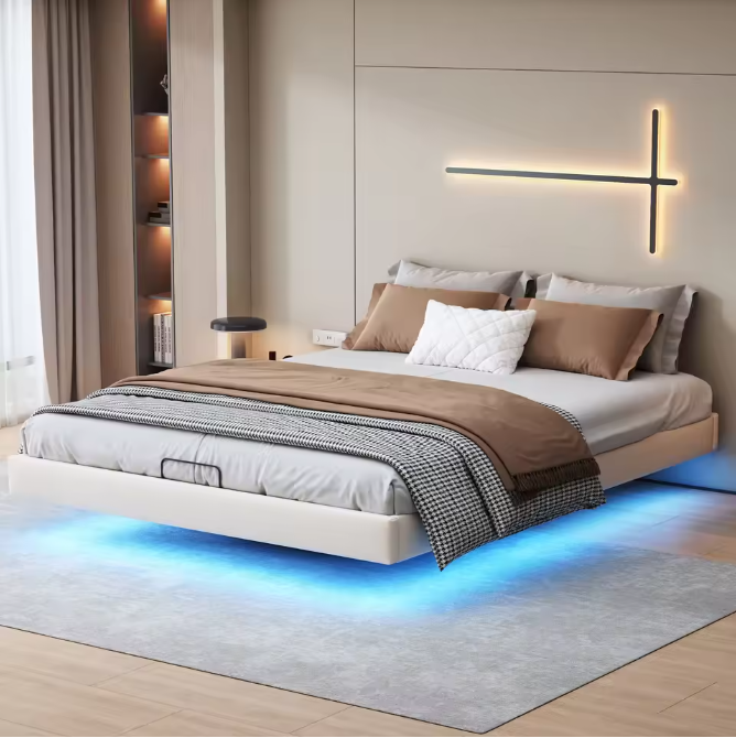 Tweepersoonsbed 160x200cm Gestoffeerd Bed met LED en Opbergruimte – Zwart Beige PU