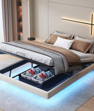 Tweepersoonsbed 160x200cm Gestoffeerd Bed met LED en Opbergruimte – Zwart Beige PU