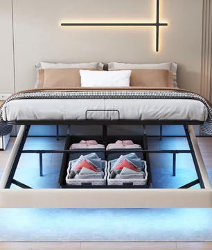 Tweepersoonsbed 160x200cm Gestoffeerd Bed met LED en Opbergruimte – Zwart Beige PU