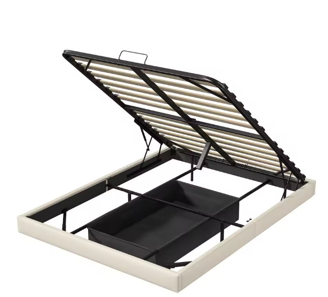 Tweepersoonsbed 160x200cm Gestoffeerd Bed met LED en Opbergruimte – Zwart Beige PU