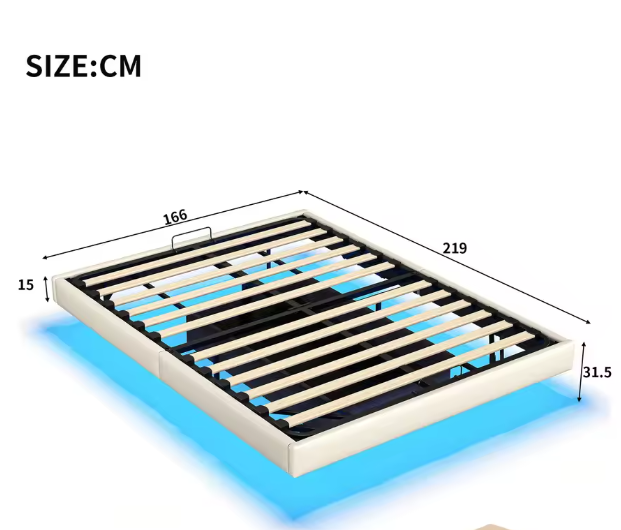 Tweepersoonsbed 160x200cm Gestoffeerd Bed met LED en Opbergruimte – Zwart Beige PU