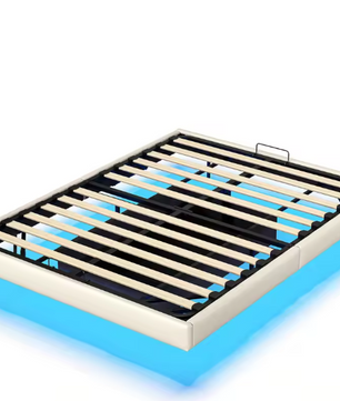 Tweepersoonsbed 160x200cm Gestoffeerd Bed met LED en Opbergruimte – Zwart Beige PU