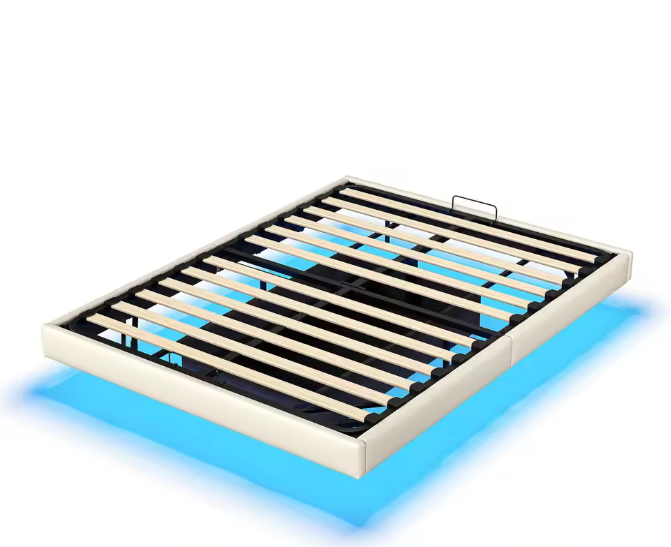 Tweepersoonsbed 160x200cm Gestoffeerd Bed met LED en Opbergruimte – Zwart Beige PU