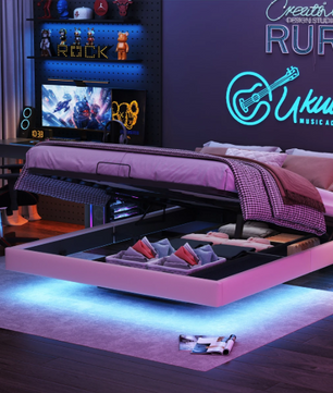 Tweepersoonsbed 160x200cm Gestoffeerd Bed met LED en Opbergruimte – Zwart Beige PU