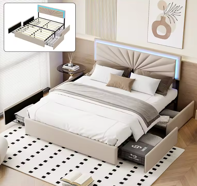 Tweepersoonsbed 160x200 cm Beige met LED en 4 Opbergladen