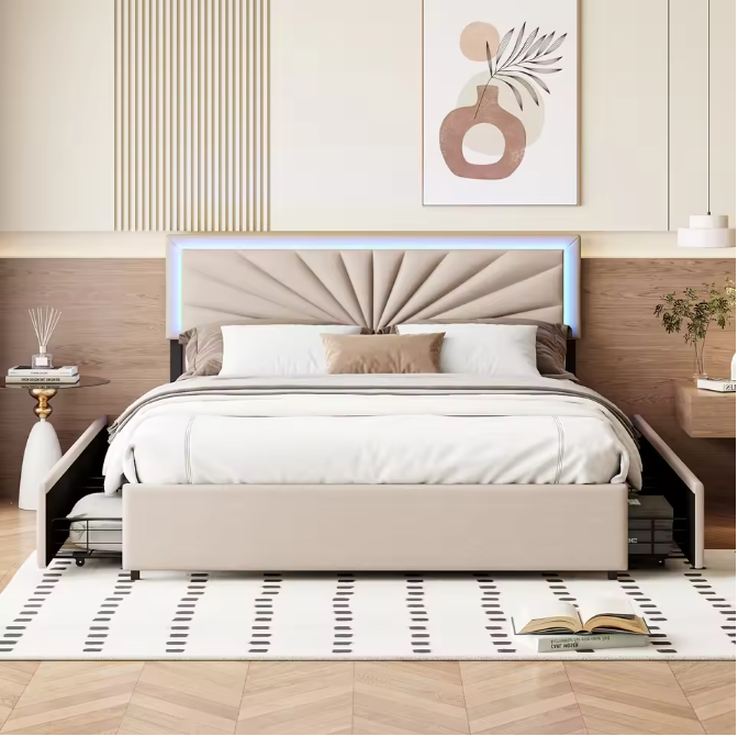 Tweepersoonsbed 160x200 cm Beige met LED en 4 Opbergladen