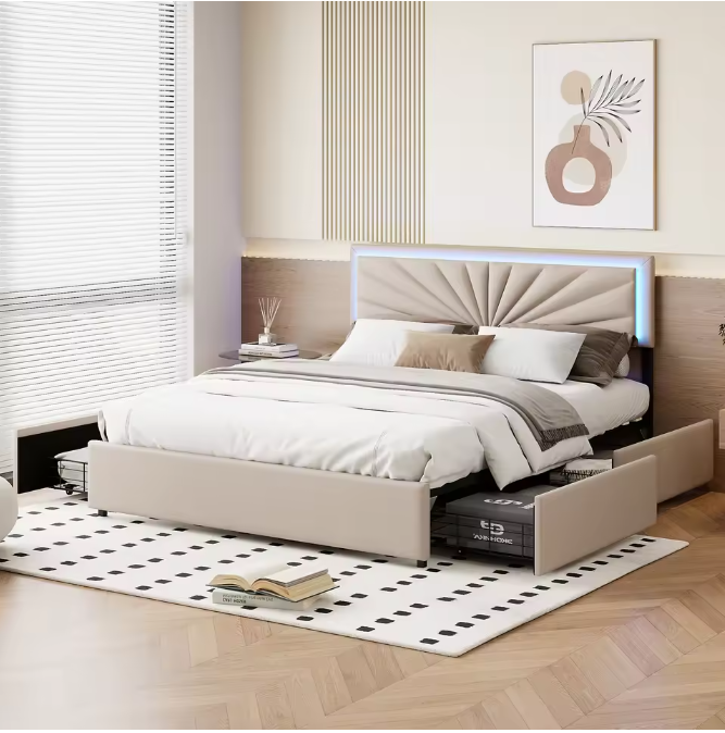 Tweepersoonsbed 160x200 cm Beige met LED en 4 Opbergladen