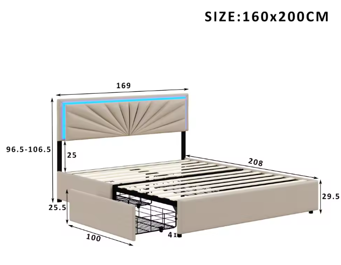 Tweepersoonsbed 160x200 cm Beige met LED en 4 Opbergladen