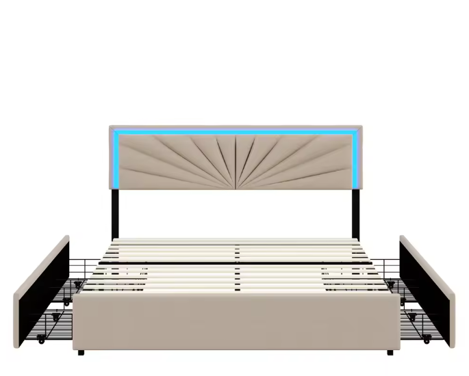 Tweepersoonsbed 160x200 cm Beige met LED en 4 Opbergladen