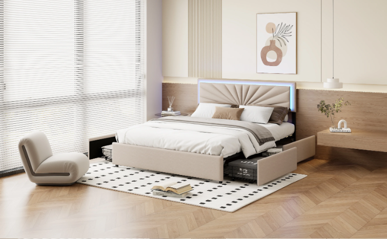 Tweepersoonsbed 160x200 cm Beige met LED en 4 Opbergladen