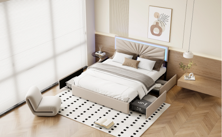 Tweepersoonsbed 160x200 cm Beige met LED en 4 Opbergladen