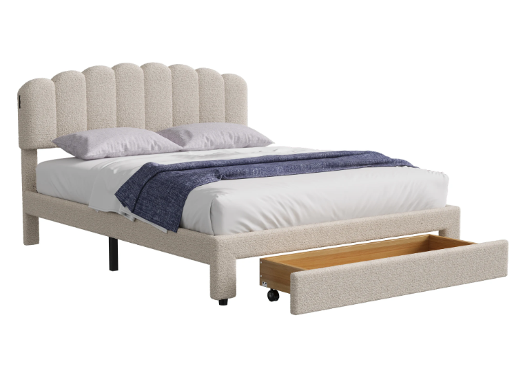Gestoffeerd Tweepersoonsbed 140x200 cm met USB-Oplaadpoort en 1 Lade – Beige Teddyhoofdeinde