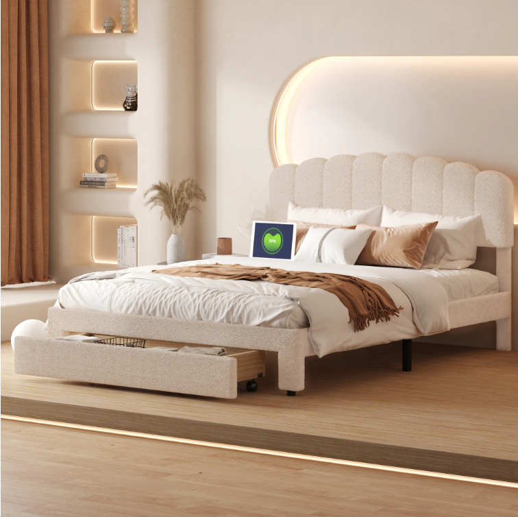 Gestoffeerd Tweepersoonsbed 140x200 cm met USB-Oplaadpoort en 1 Lade – Beige Teddyhoofdeinde