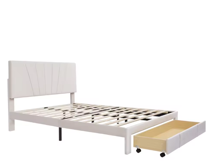 Gestoffeerd Tweepersoonsbed 140x200 cm met USB-Oplaadpoort en 1 Lade – Beige Teddyhoofdeinde