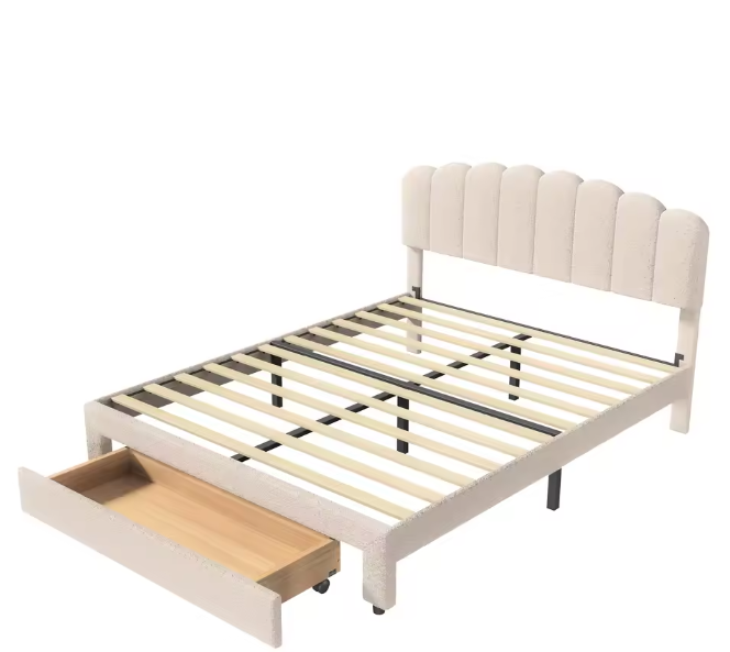 Gestoffeerd Tweepersoonsbed 140x200 cm met USB-Oplaadpoort en 1 Lade – Beige Teddyhoofdeinde