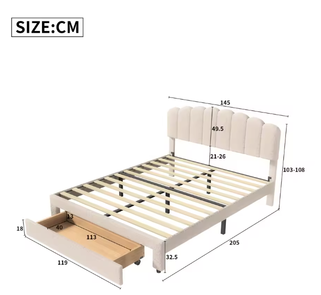 Gestoffeerd Tweepersoonsbed 140x200 cm met USB-Oplaadpoort en 1 Lade – Beige Teddyhoofdeinde