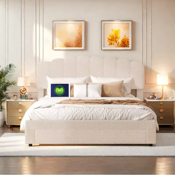 Gestoffeerd Tweepersoonsbed 140x200 cm met USB-Oplaadpoort en 1 Lade – Beige Teddyhoofdeinde