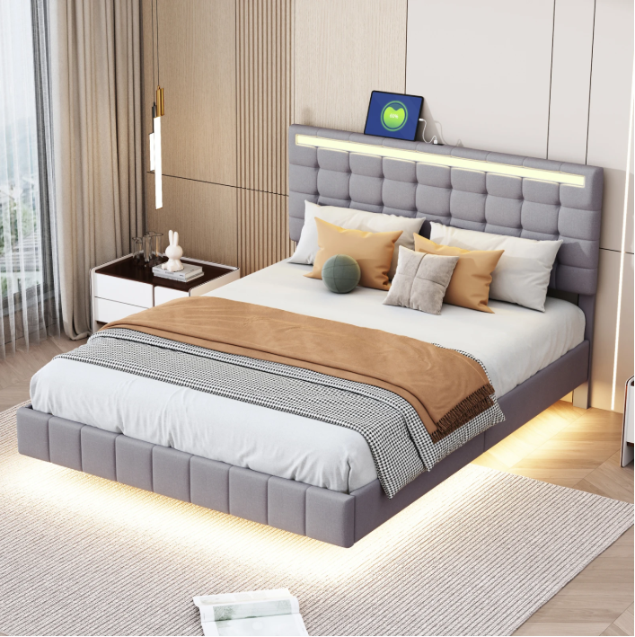 Gestoffeerd Bed 140x200 cm met LED-Verlichting en Hoofdeinde – Grijs