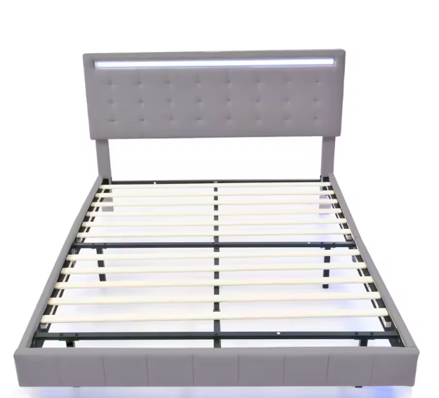 Gestoffeerd Bed 140x200 cm met LED-Verlichting en Hoofdeinde – Grijs