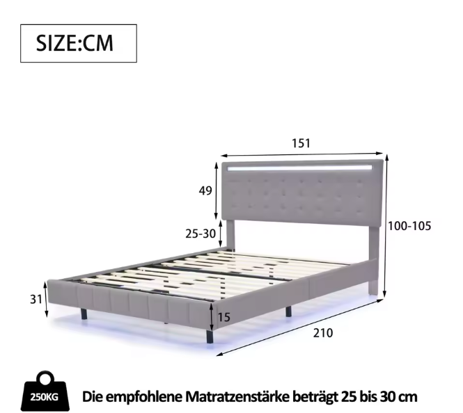 Gestoffeerd Bed 140x200 cm met LED-Verlichting en Hoofdeinde – Grijs