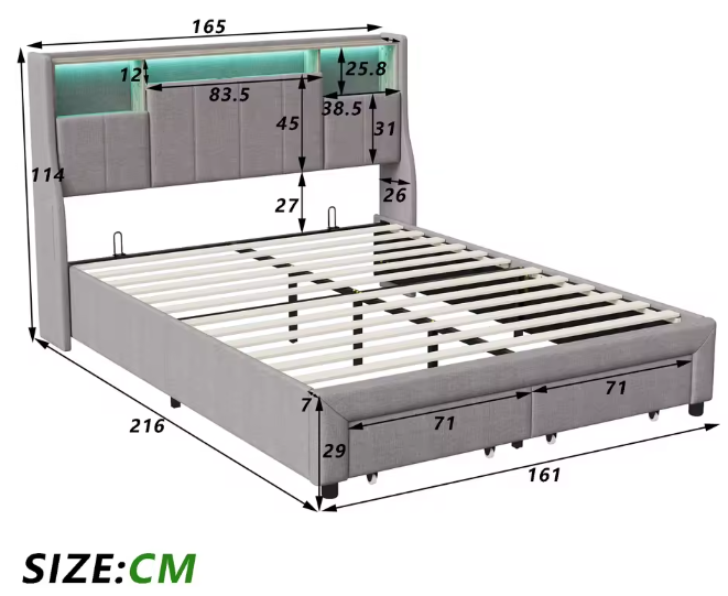 Gestoffeerd Tweepersoonsbed 140-160x200 cm met LED, USB en Opbergruimte – Grijs Linnen