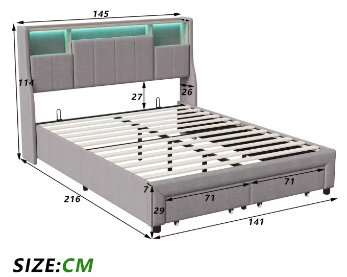 Gestoffeerd Tweepersoonsbed 140-160x200 cm met LED, USB en Opbergruimte – Grijs Linnen