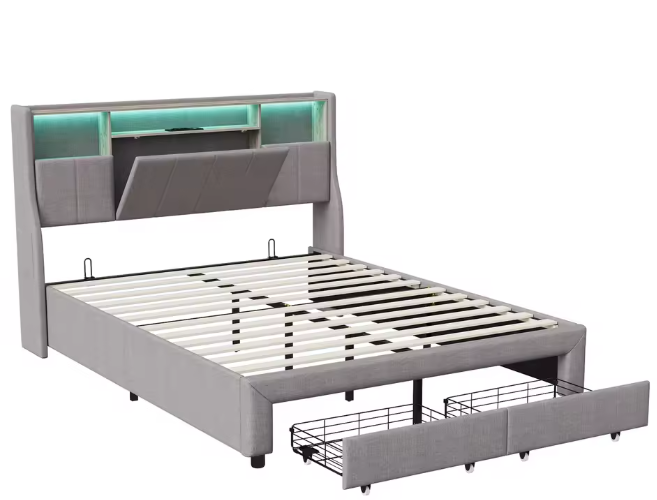 Gestoffeerd Tweepersoonsbed 140-160x200 cm met LED, USB en Opbergruimte – Grijs Linnen