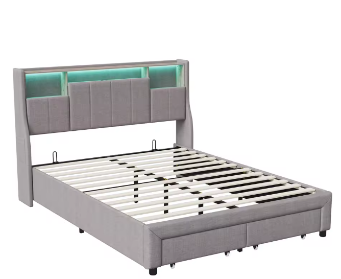 Gestoffeerd Tweepersoonsbed 140-160x200 cm met LED, USB en Opbergruimte – Grijs Linnen