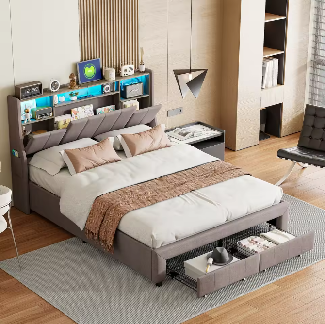 Gestoffeerd Tweepersoonsbed 140-160x200 cm met LED, USB en Opbergruimte – Grijs Linnen