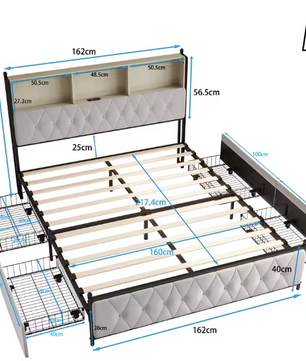 Houten Aura 140x200 cm Gestoffeerd Tweepersoonsbed met LED-hoofdeinde, USB, en 4 Lades – Functioneel en Ruimtelijk Bed