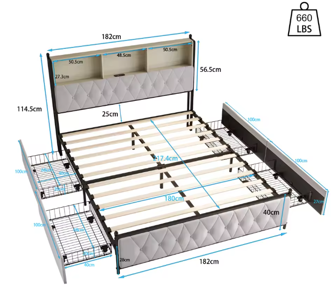 Houten Aura 140x200 cm Gestoffeerd Tweepersoonsbed met LED-hoofdeinde, USB, en 4 Lades – Functioneel en Ruimtelijk Bed