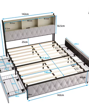 Houten Aura 140x200 cm Gestoffeerd Tweepersoonsbed met LED-hoofdeinde, USB, en 4 Lades – Functioneel en Ruimtelijk Bed